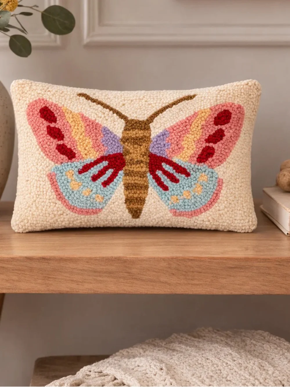 Butterfly Wool Hooked Throw Pillow Velvet Back
